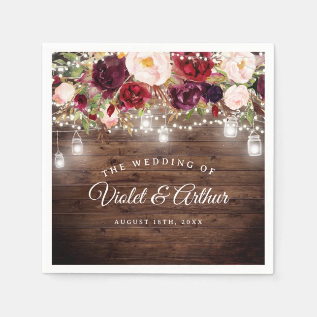 Guardanapo De Papel Luzes de Corda Florais Burgundy Rústicas Casamento (Frente)