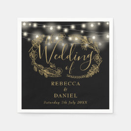 Guardanapo De Papel Luzes de Corda Floral Preto e Dourado Casamento