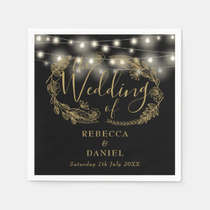 Guardanapo De Papel Luzes de Corda Floral Preto e Dourado Casamento