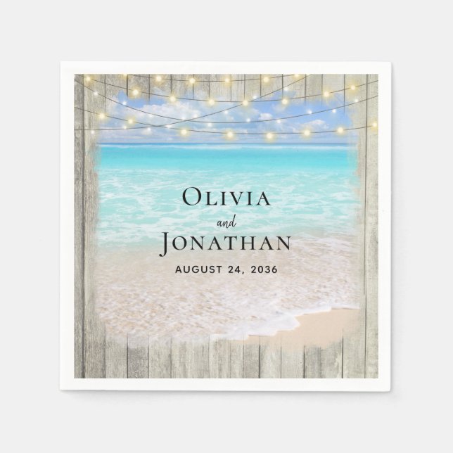 Guardanapo De Papel Luzes de Corda Rústicas de Praia para Casamento (Frente)