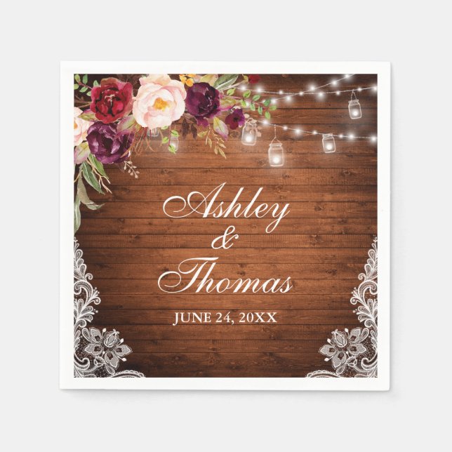 Guardanapo De Papel Luzes de Jarro de Madeira Rústica para Casamento c (Frente)