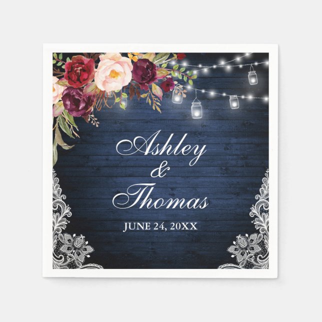 Guardanapo De Papel Luzes Rústicas de Casamento em Madeira Azul com Re (Frente)