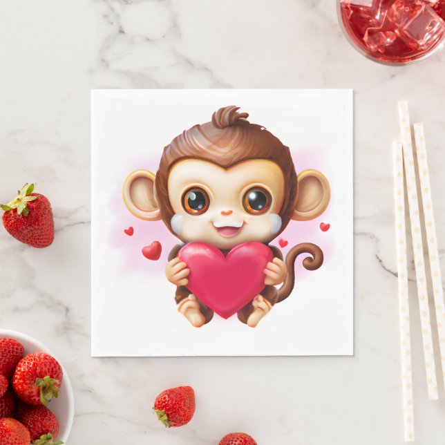 Guardanapo De Papel Macaco Bebê Adorável Segurando Coração Vermelho (Insitu)