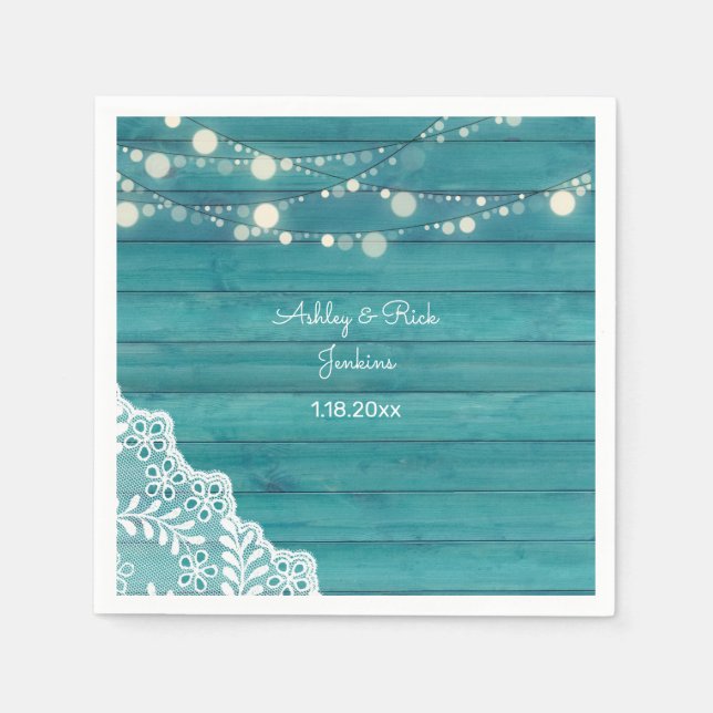 Guardanapo De Papel Madeira Azul, rendas, luzes de cordas (Frente)