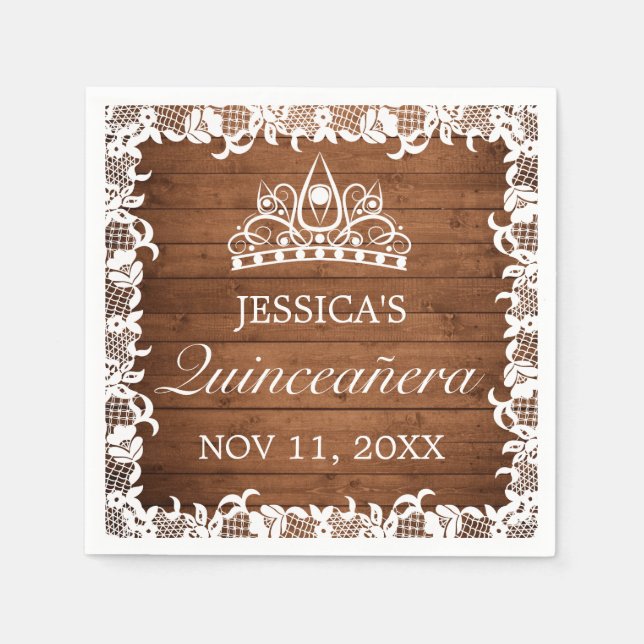 Guardanapo De Papel Madeira russa e renda branca Tiara Quinceañera (Frente)