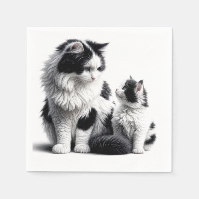 Guardanapo De Papel Mãe Gato e Gatinho em Branco (Frente)