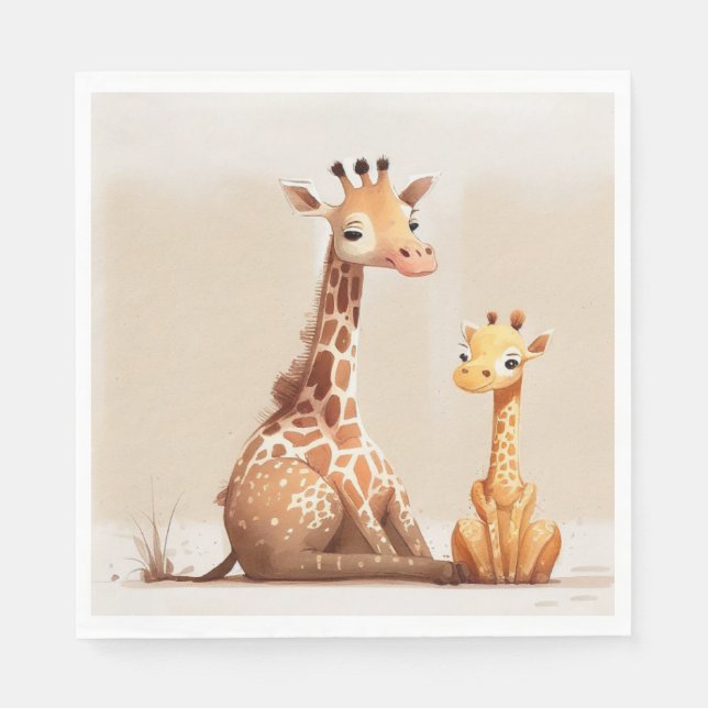 Guardanapo De Papel Mãe Girafa Com Bebê Em Aquarela (Frente)