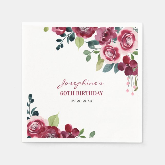 Guardanapo De Papel Magenta Pink Rose Floral Greenery Birthday (Frente)