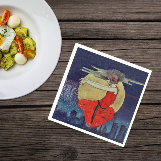 Guardanapo De Papel Magic Floating Woman Night Sky Witch (Magical women red dress floating in night sky yellow moon over city lights on napkins.)