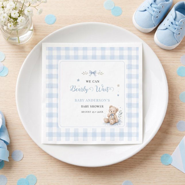 Guardanapo De Papel Mal Podemos Esperar Teddy Clássico Azul Personaliz (We Can Bearly Wait Classic Teddy Blue Custom Napkins)