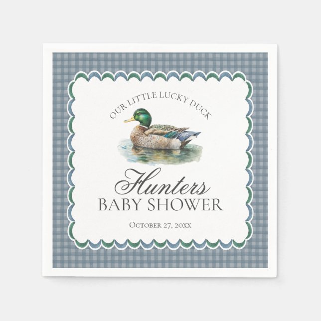 Guardanapo De Papel Mallard Duck Hunting Blue Gingham Boy Baby Shower (Frente)