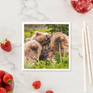 Guardanapo De Papel Mamãe urso cuidando de seus dois filhotes, Lago Cl