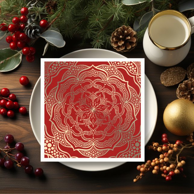 Guardanapo De Papel Mandala Art Boho Elegante Dourado Natal Vermelho N (Criador carregado)