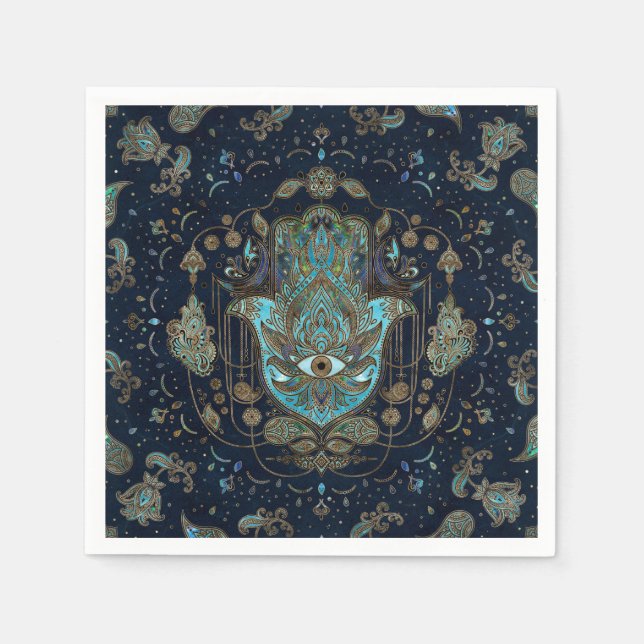 Guardanapo De Papel Mão de Hamsa - Mão de Fátima Azul Gemstones (Frente)