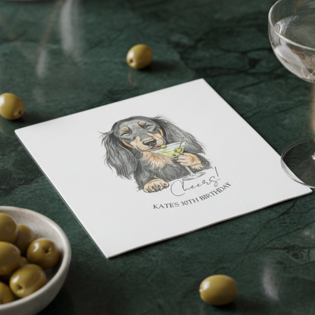 Guardanapo De Papel Mão Desenhada Dachshund Dirty Martini Doodle Cockt (Celebrate with this custom hand drawn dachshund martini cocktail napkin!)