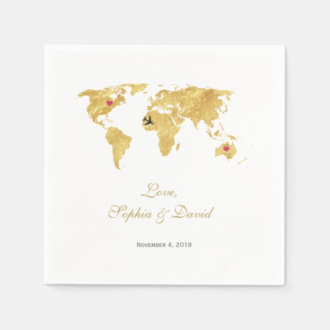 Guardanapo De Papel Mapa do Mundo Dourado de Casamento de Destino Româ (Frente)