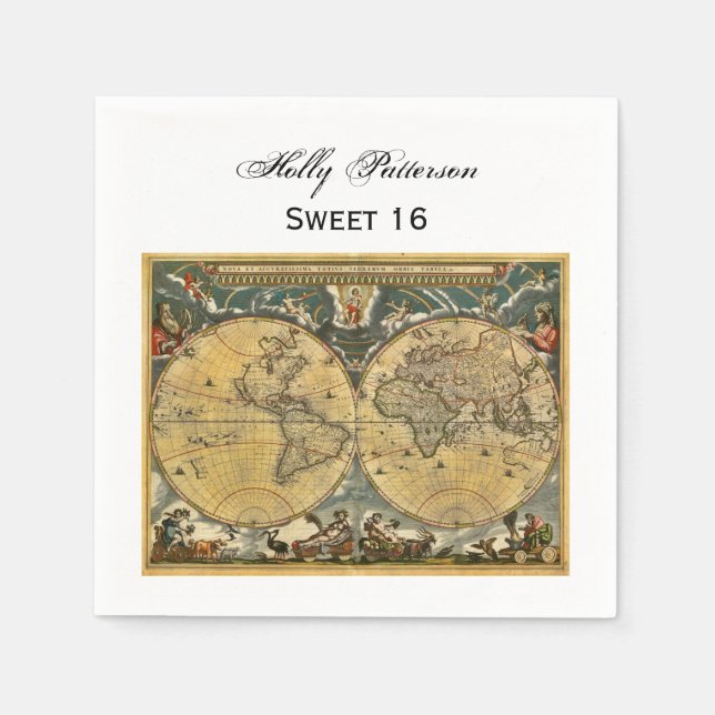 Guardanapo De Papel Mapa Mundial Antiquado, White BG SQ Sweet 16 (Frente)