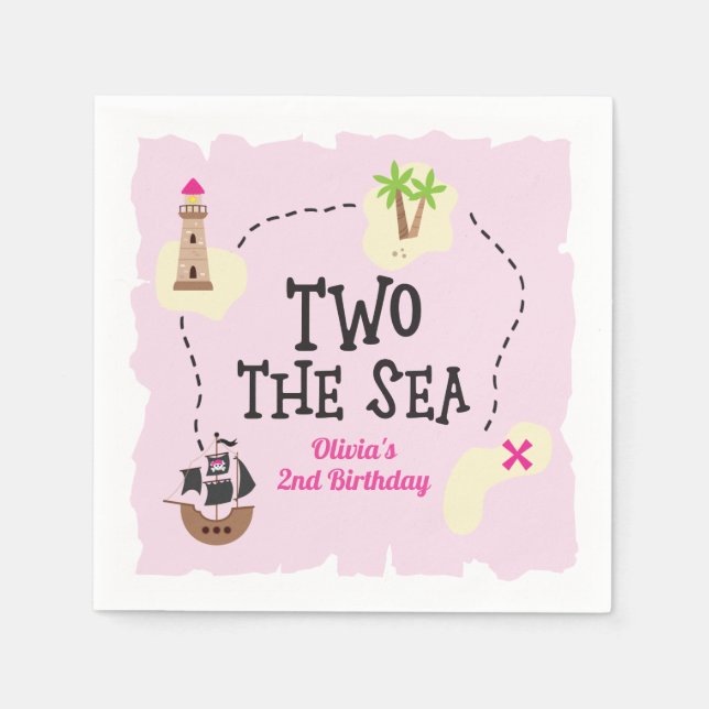 Guardanapo De Papel Mapa Pirata Dois ao Mar Rosa Aniversário (Frente)