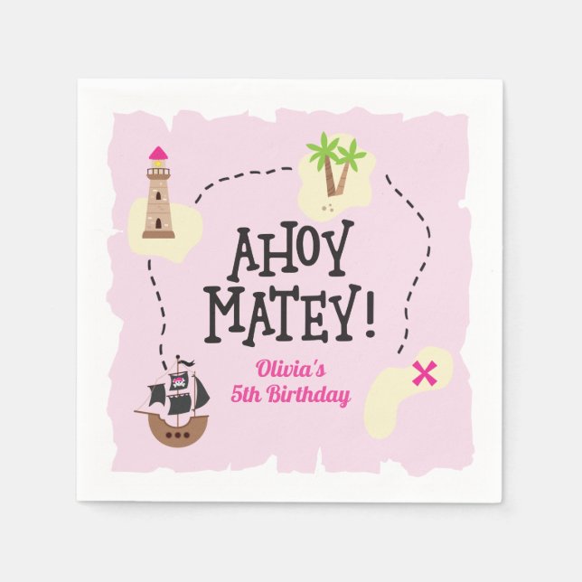 Guardanapo De Papel Mapa Pirata Rosa Aniversário (Frente)