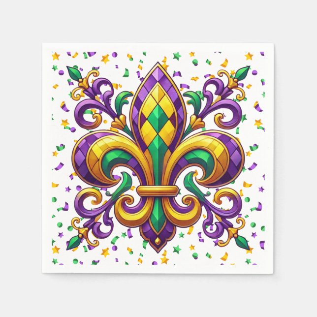Guardanapo De Papel Mardi Gras fleur de lis, verde-púrpura (Frente)