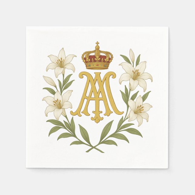 Guardanapo De Papel Marian Monogram Gold Crown White Lily Catholic  (Frente)