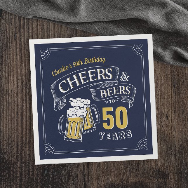 Guardanapo De Papel Marinho Amarelo E Cervejas Qualquer Idade De Anive (Navy Yellow Cheers And Beers Any Age Birthday Napkins)
