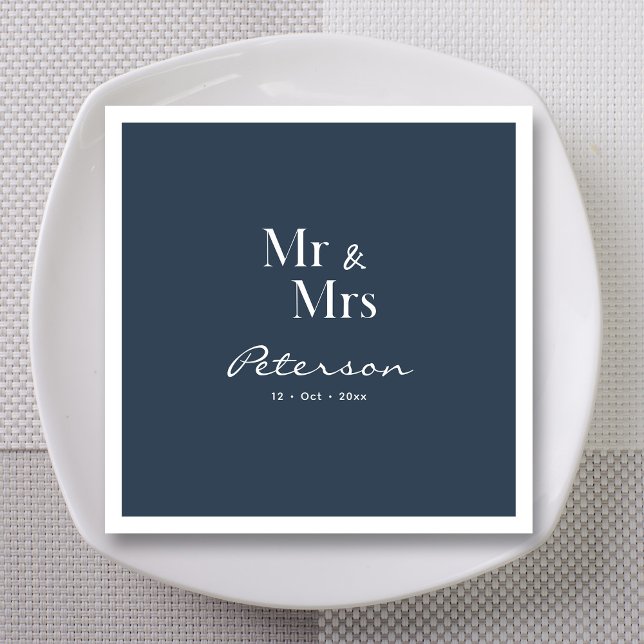 Guardanapo De Papel Marinho Azul com Letra Personalizada, Sr. e Sra. W (Personalized navy blue Mr. and Mrs. wedding napkins)