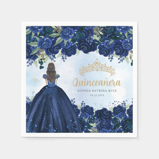 Guardanapo De Papel Marinho Azul, Dourado, Princesa Quinceanera (Frente)