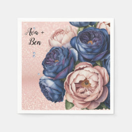 Guardanapo De Papel Marinho Azul e Rosa Dourado Casamento Floral