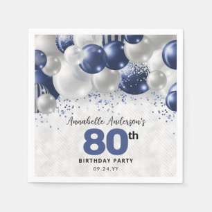 Guardanapo De Papel Marinho Azul Prata Balão Brilhante 80 Aniversário