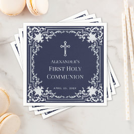 Guardanapo De Papel Marinho Blue Boy First Communant Elegant Faux Silv