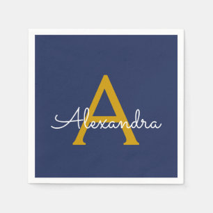 Guardanapo De Papel Marinho Blue Dourado Script Monogram Name Modern