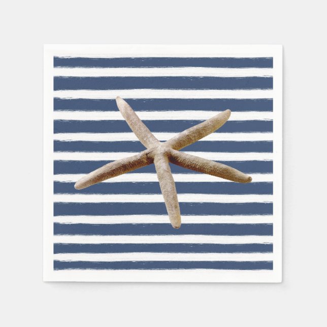 Guardanapo De Papel Marinho Blue e White Stripes Starfish (Frente)