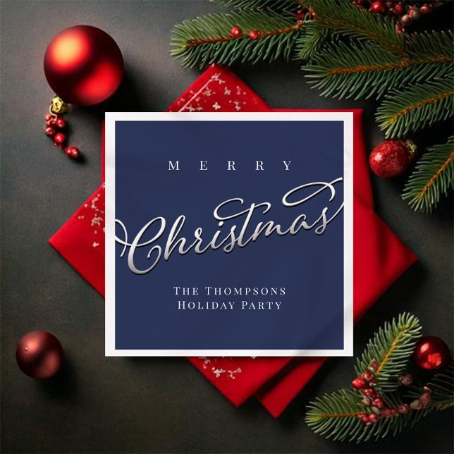 Guardanapo De Papel Marinho Blue Script Merry Christmas Personalizado (Merry Christmas navy blue custom napkin)