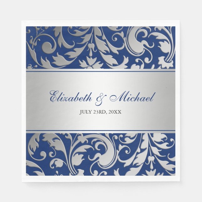 Guardanapo De Papel Marinho Blue Silver Damask Swirls Casamento (Frente)
