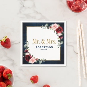 Guardanapo De Papel Marinho Burgundy Blush Floral Casamento Geométrico