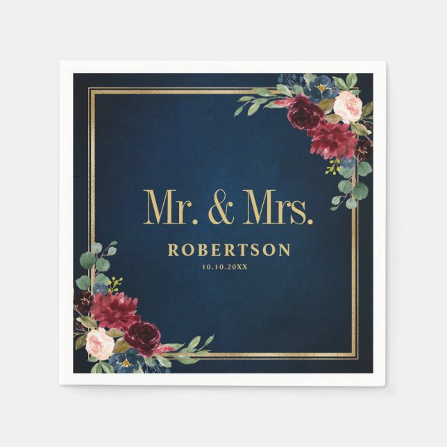 Guardanapo De Papel Marinho Burgundy Blush Floral Casamento Geométrico (Frente)