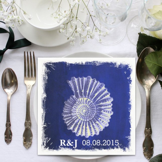 Guardanapo De Papel marinho chic náutico náutico náutico náutico náuti (chic navy blue nautical seashells coastal wedding napkins)