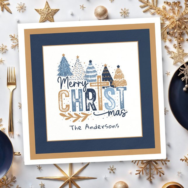 Guardanapo De Papel Marinho Cristão Azul Nome da Árvore Moderno Natal (Christian Navy Blue Tree Name Modern Christmas Napkins)