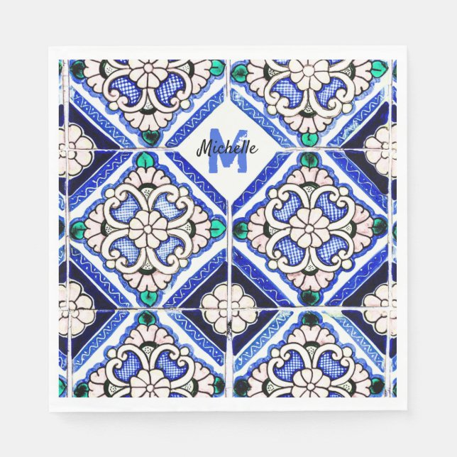 Guardanapo De Papel Marinho de Azulejos de Padrão Espanhol Azulejo Mon (Frente)