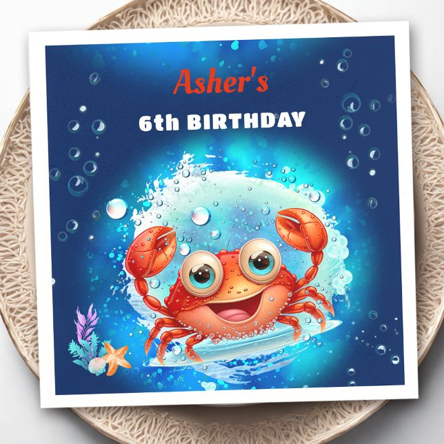 Guardanapo De Papel Marinho de Caranguejo Azul Festa de Piscina de Nas (Crab Navy Blue Birthday Pool Party Boy Custom Age Napkins)