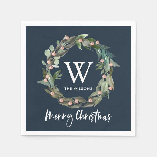 Guardanapo De Papel Marinho de Natal do Monograma Greenery Wreath (Frente)