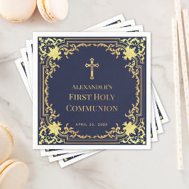 Guardanapo De Papel Marinho de Primeira Comunhão Blue Faux Dourado Cro