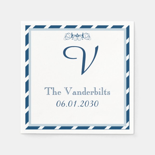 Guardanapo De Papel Marinho e Stripe Branca Monograma Casamento Napkin (Frente)