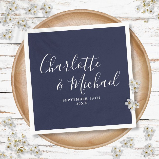 Guardanapo De Papel Marinho Elegante Assinatura Azul Casamento Napkins (Elegant Navy Blue Signature Wedding Napkins)