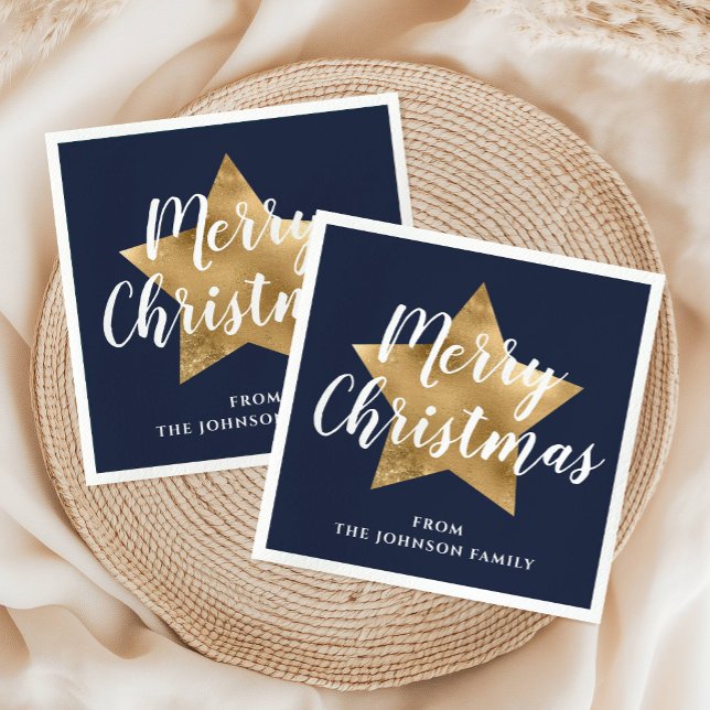 Guardanapo De Papel Marinho festivo Blue Dourado Star Feliz Natal (Festive Navy Blue Gold Star Merry Christmas Napkins)