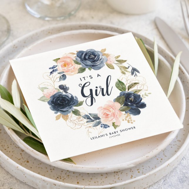 Guardanapo De Papel Marinho Lâmpada Fita Chá de fraldas de Aquarela Ná (Floral wreath it's a girl with a blush pink and navy blue baby shower napkin for an elegant design.)