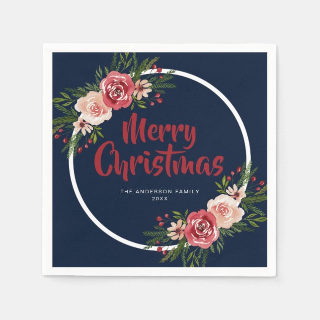 Guardanapo De Papel Marinho Moderno Blue Watercolor Flowers Natal (Frente)