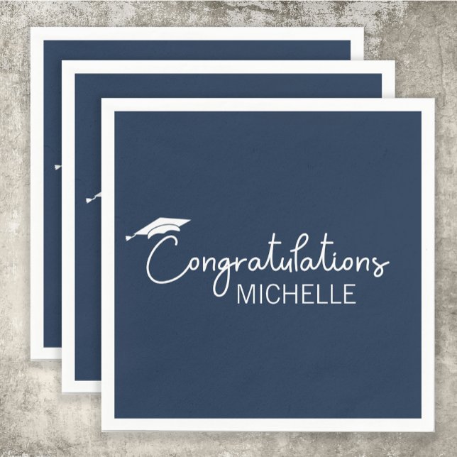 Guardanapo De Papel Marinho Parabéns  Script Branco Azul (Navy blue and white graduation party paper napkin)