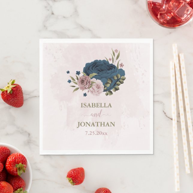Guardanapo De Papel marinho rosa, flores azuis, casamento botânico (Insitu)
